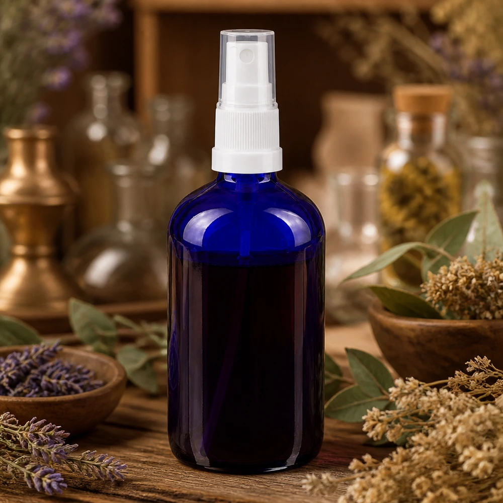 Blaue Apothekerglas Sprayflasche 100ml Standardgröße mit weißem Zerstäuber für Naturprodukte