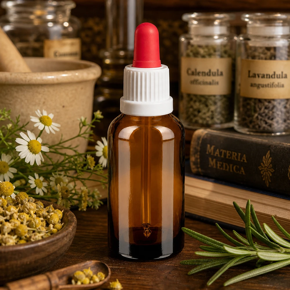 Handliche Tropfflasche 30ml aus braunem Schutzglas mit leuchtend roter Dosierkappe für Labor