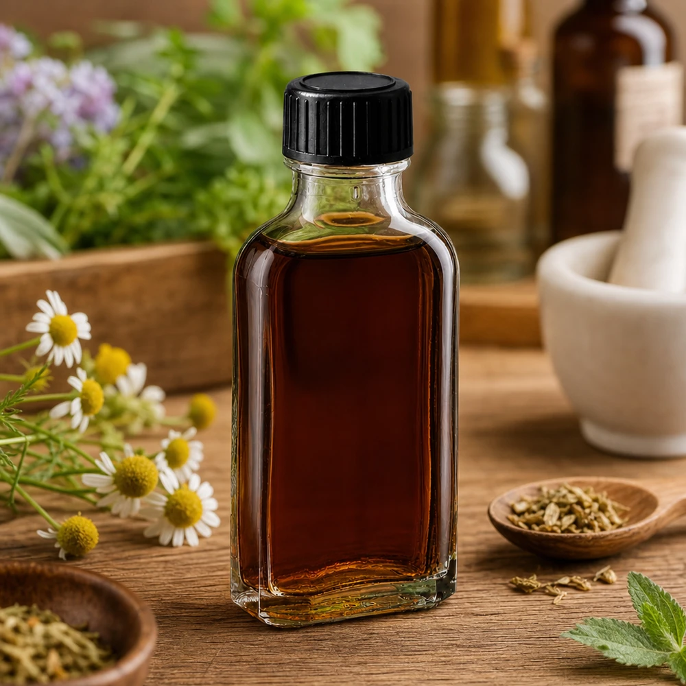 Kompakte Meplat Glasflasche 50 ml mit schwarzem Deckel in natürlicher Kräuterumgebung