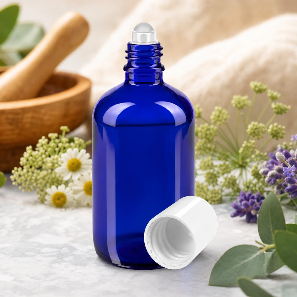 Lékárenská lahvička modrá 100ml roll-on s uzávěrem bílá Blaue 100ml Roll-On Flasche aus UV-Schutzglas ideal für Essenzen und Parfüm