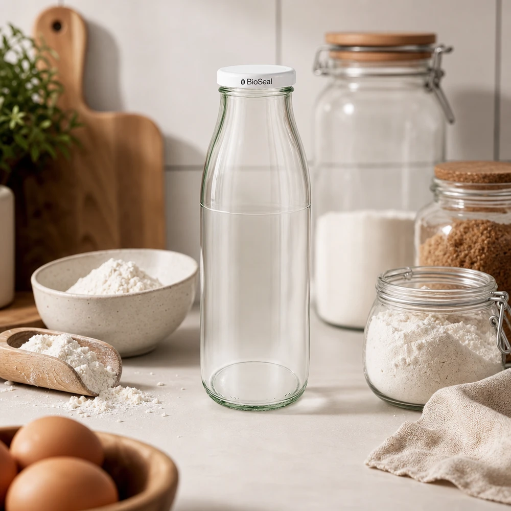 500ml skleněná láhev + víčko BioSeal bílé UNiTWIST 500ml Glasflasche mit weißem BioSeal Deckel in skandinavischer Küche zwischen Mehl, Eiern und Vorratsgläsern