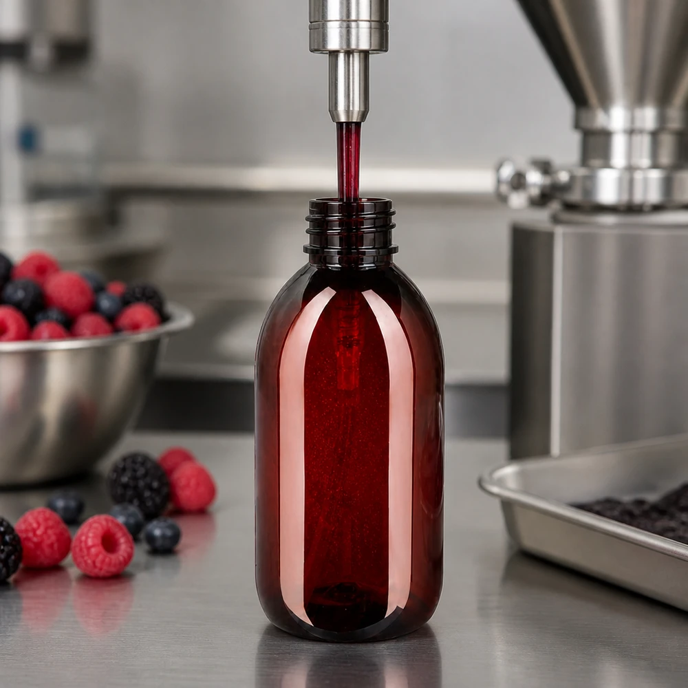Plnicí linka plní jantarové PET láhve o objemu 250 ml červeným ovocným džusem v potravinářské výrobě