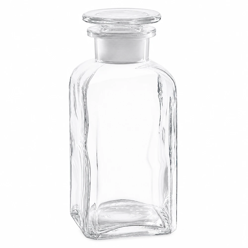 Čtvercová láhev 350ml čirá skleněná zátka se širokým hrdlem Vierkantflasche Glas 350ml klar quadratische Form mit Glasstopfen Weithalsöffnung