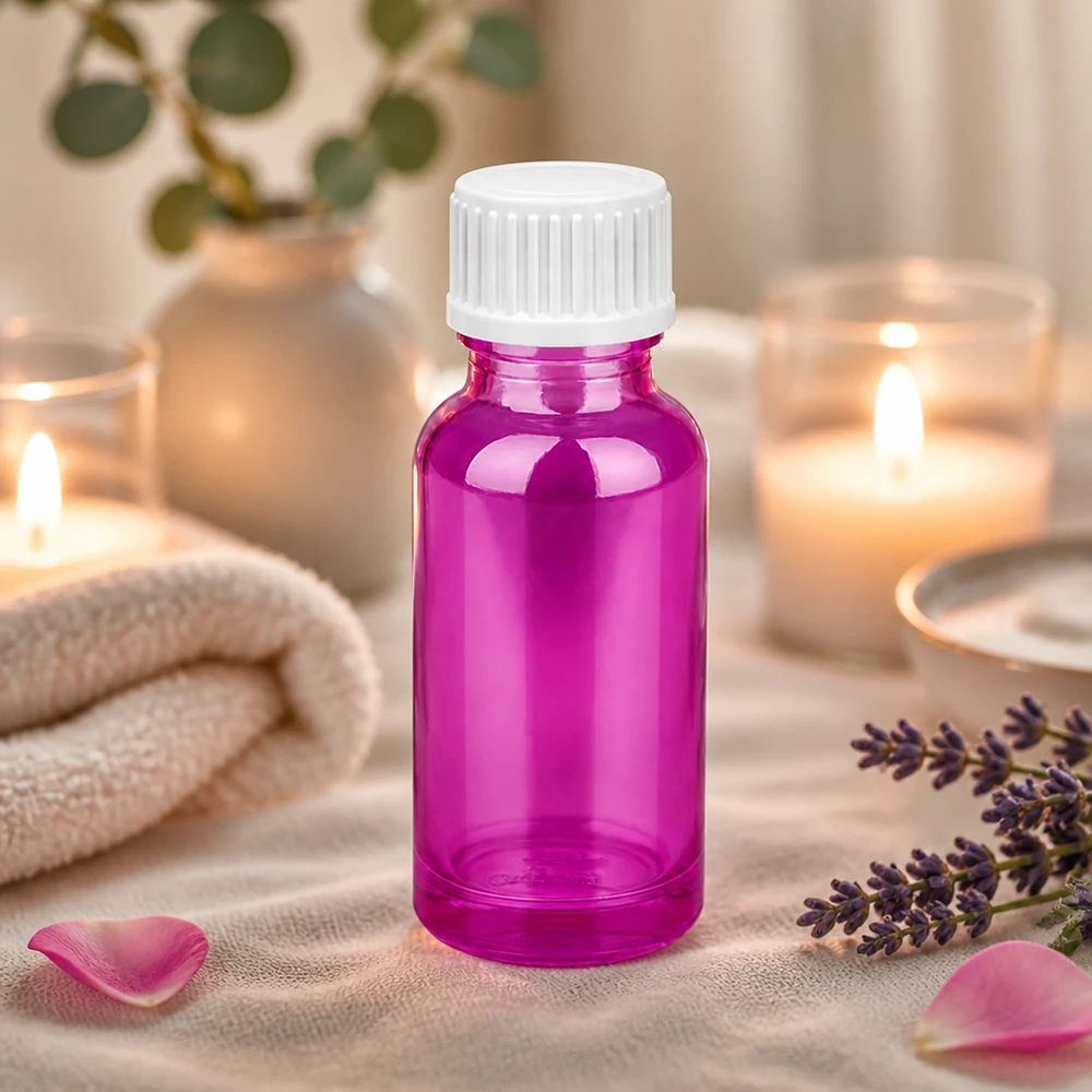 20ml lahvička (globule) 3mm nalévací kroužek bílá standardní PurpleLine.UT18/20 20ml Violett-Glasflasche mit dichtem Verschluss für lange Haltbarkeit von Pflegeprodukten