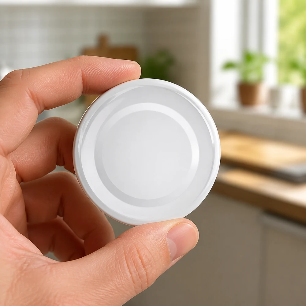 Bílé šroubovací víčko TO48 o průměru 48 mm od společnosti UNiTWIST držené v jedné ruce
