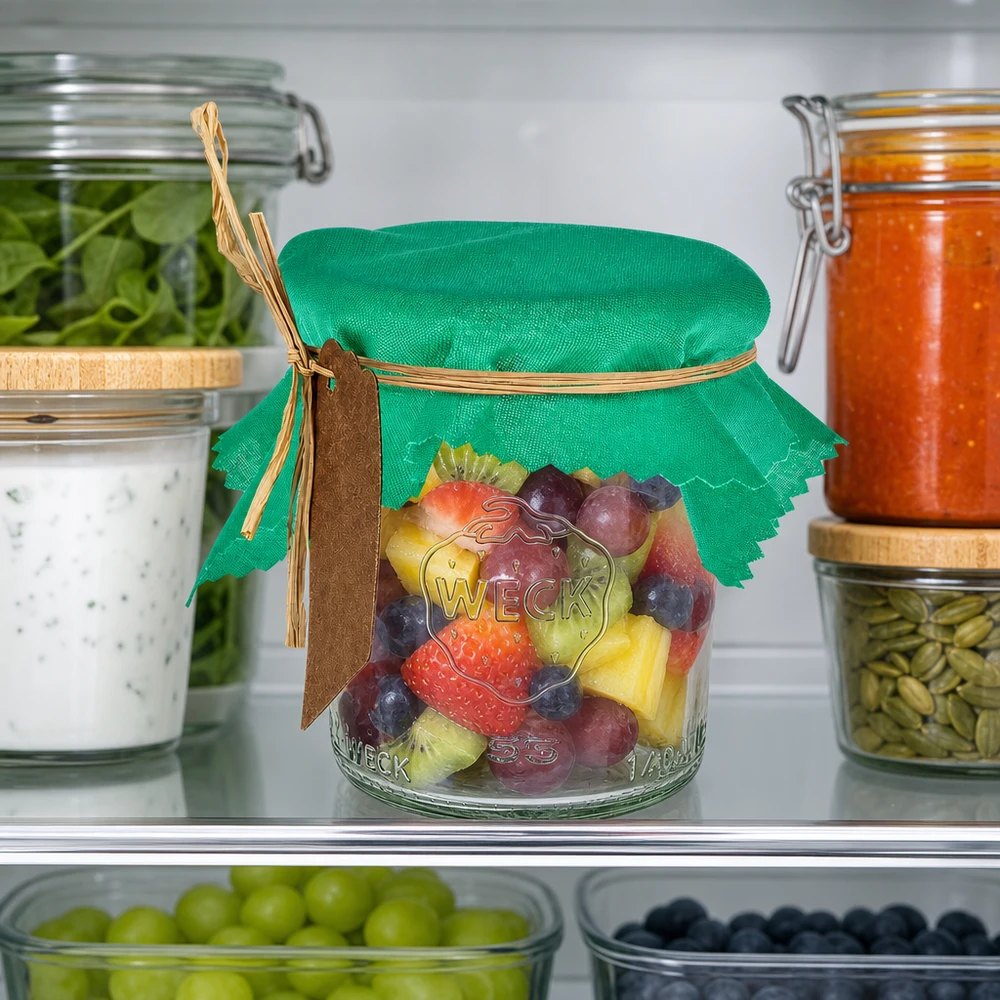 Látkový ubrousek na šperky zelený 12cm čtvercový Grünes Stoff Schmuckdeckchen 12cm eckig auf Obstsalat Weckglas im Kühlschrank zwischen Vorratsbehältern