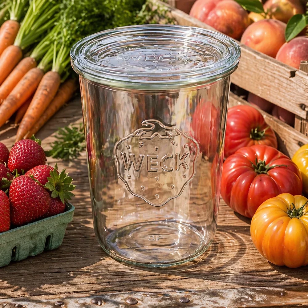 Zavařovací sklenice 850ml se skleněným víčkem WECK RR100 WECK Sturzglas 850ml RR100 umgeben von frischem Gemüse Obst zeigt vielseitige Verwendung für Meal Prep und Vorratshaltun