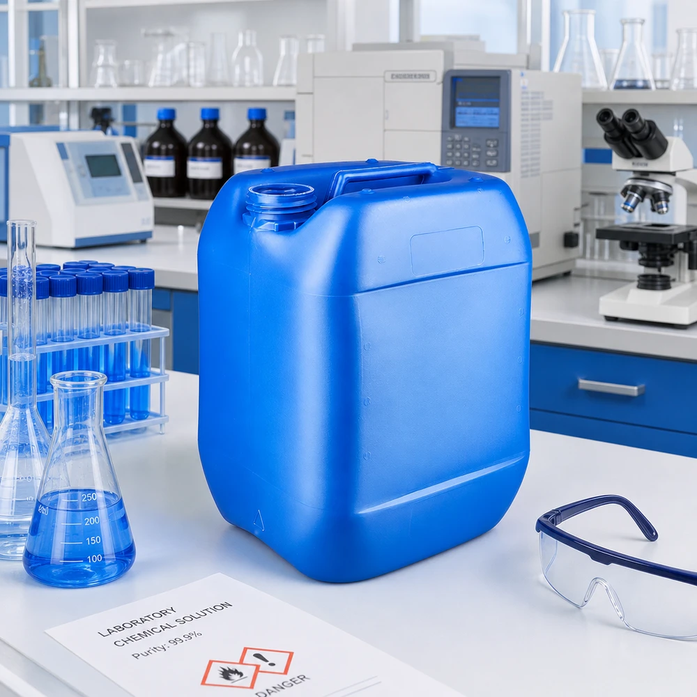 Blauer Chemikalienkanister 10 Liter ohne Deckel neben GHS-Gefahrstoffkennzeichnung