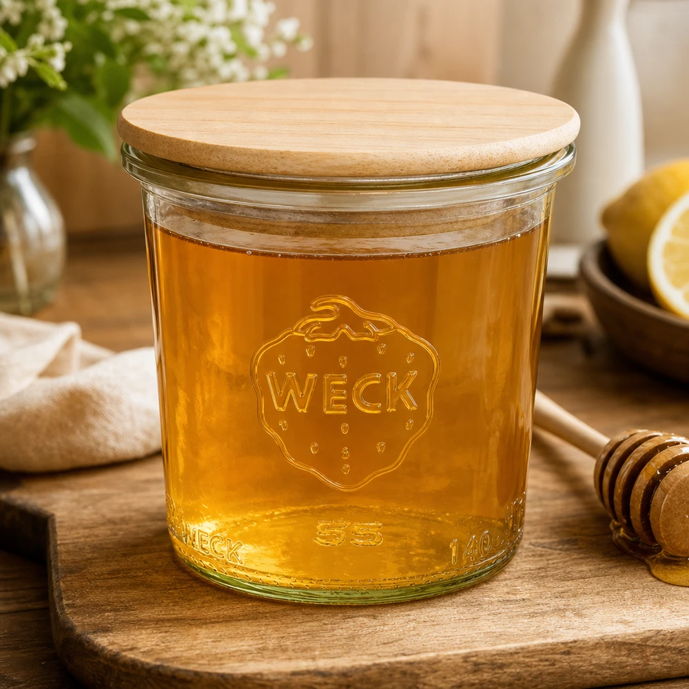 140ml tumblery WECK RR60 s dřevěným víčkem buk. WECK Sturzglas 140ml RR60 mit Honig gefüllt und Holzdeckel zeigt Vielseitigkeit für süße Aufstriche