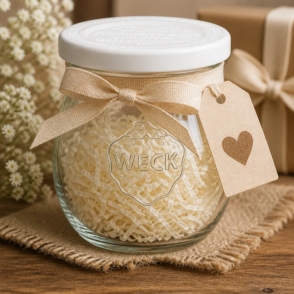 220ml tulipánová sklenice s víčkem na zavařování WECK RR60 WECK Tulpenglas 220ml RR60 dekorativ mit Schleifenband und Herzanhänger - Geschenkidee Einmachglas rustikal