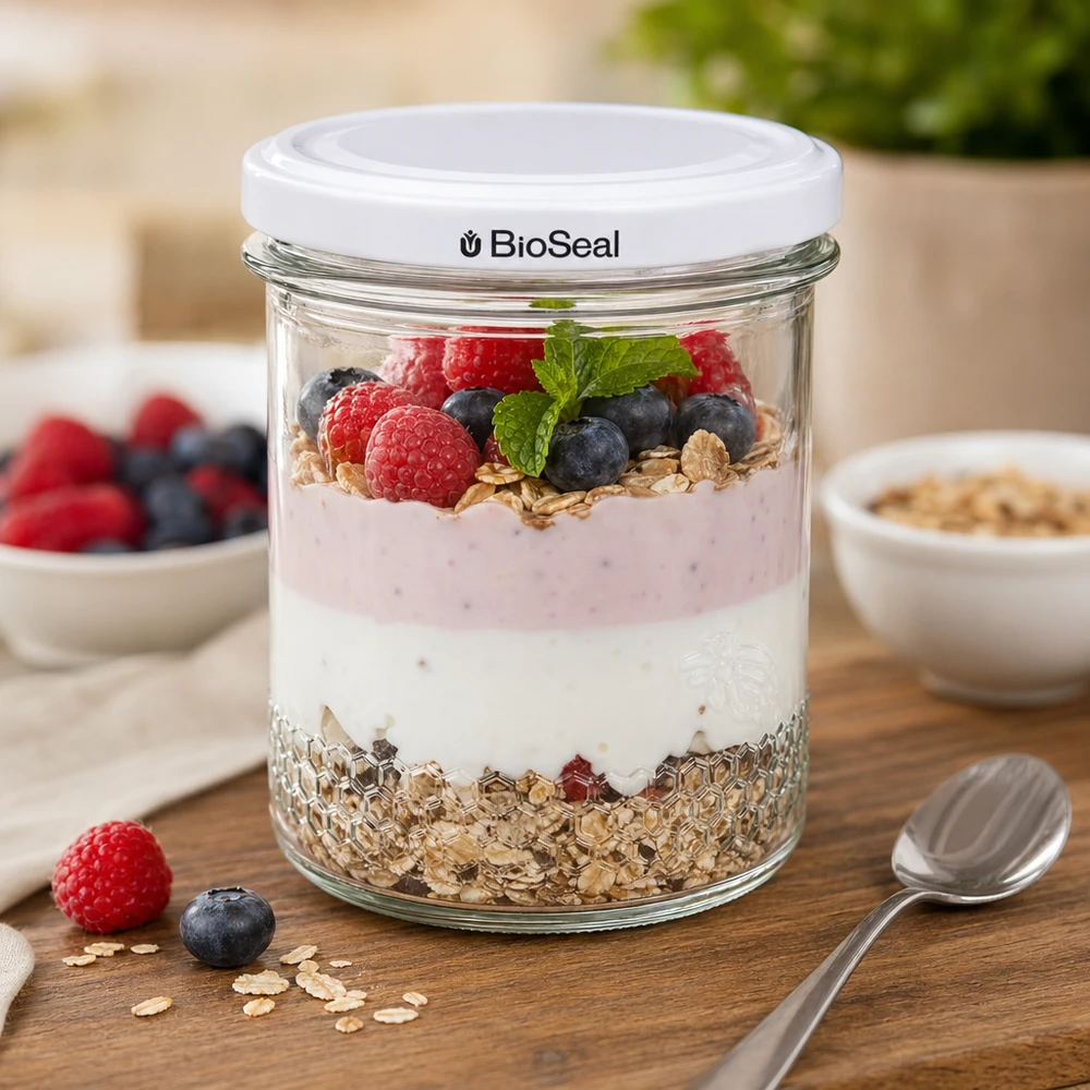560g Honigglas + BioSeal Deckel weiß UNiTWIST BioSeal Honigglas 400ml als Müslischale mit Joghurt Beeren und Granola zeigt vielseitige Küchenverwendung