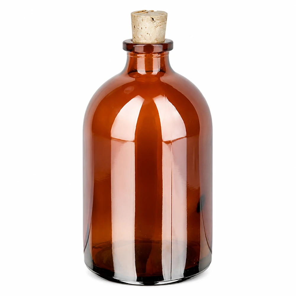 Jantarová skleněná láhev 100ml se zátkou 11/14mm Medizinflasche Braunglas 100ml mit engem Hals und Korkstopfen 11/14mm Laborqualität
