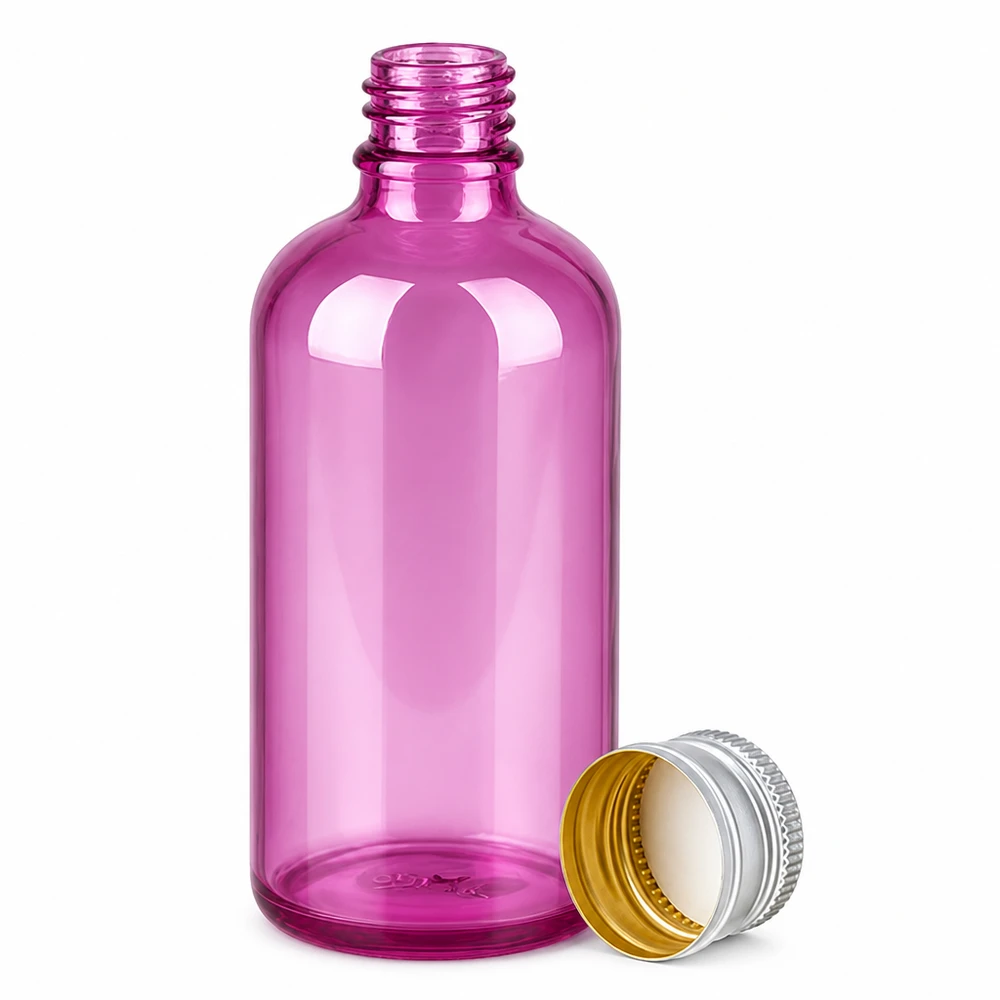 Lahvička o objemu 100 ml. Hliníkovo-stříbrný šroubovací uzávěr o průměru 11 mm standardní PurpleLine. UT18/100 Hochglänzende lila Glasflasche 100ml mit korrosionsbeständigem Alu-Verschluss für Chemikalien