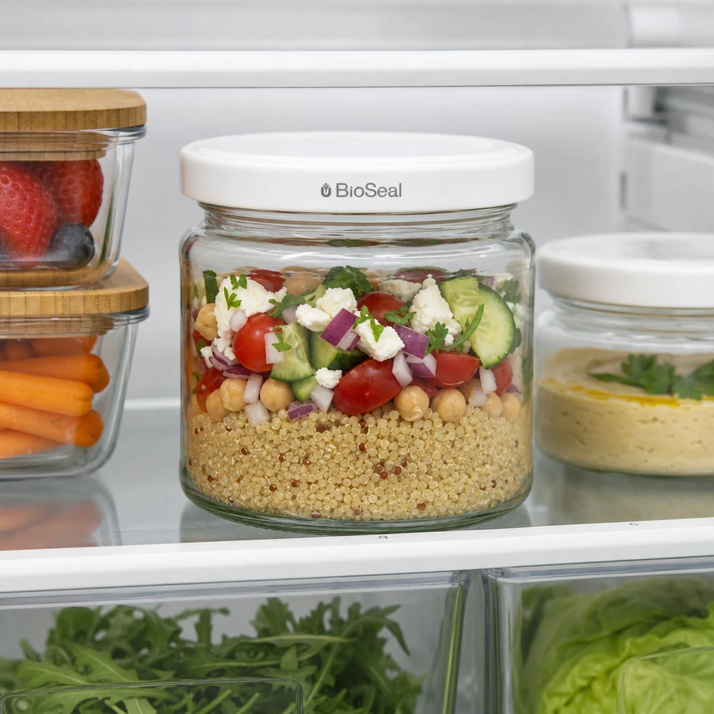 Kulatá sklenice o objemu 212 ml s bílým víčkem BioSeal UNiTWIST UNiTWIST Runda212 Vorratsglas im Kühlschrank mit Quinoa-Salat gefüllt zeigt praktische Meal-Prep Verwendung
