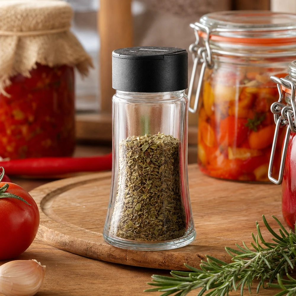 Dóza na sůl/koření 95 ml s dvojitým šejkrem černá Gewürzstreuer 95ml aus Glas mit schwarzem Deckel perfekt für Oregano Basilikum und Thymian