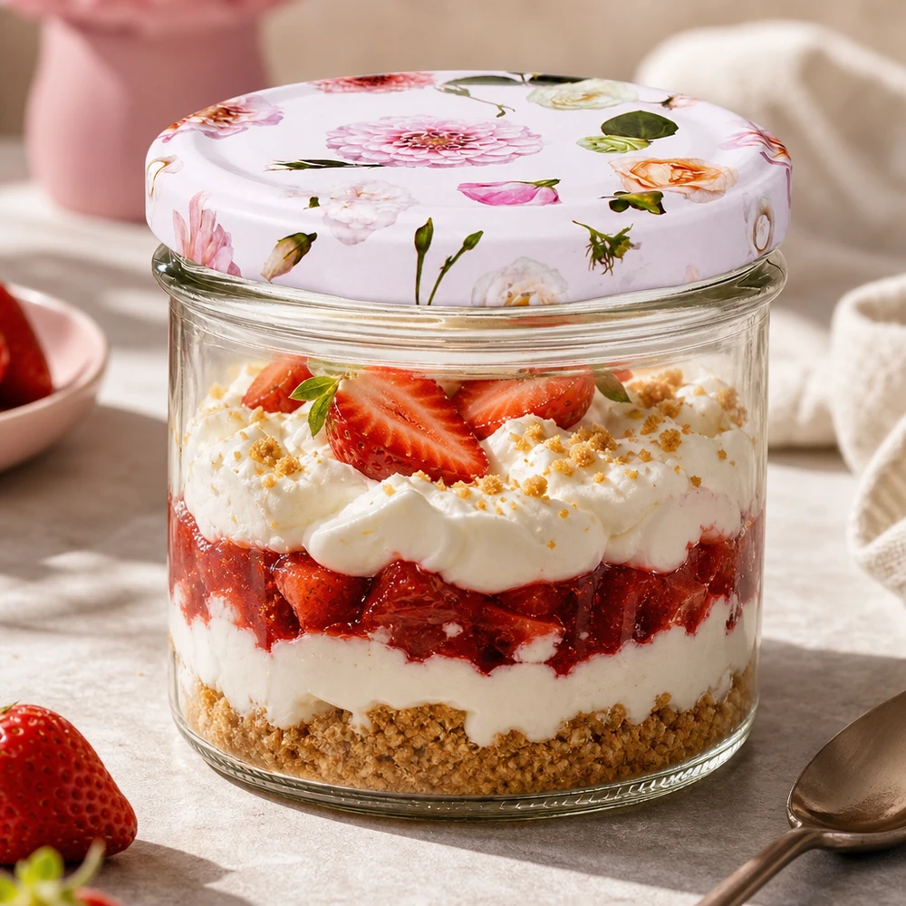 225ml kelímky + víčko BasicSeal flower pink UNiTWIST Strawberry Cheesecake Dessert im 225ml Sturzglas mit rosa Blumen BasicSeal Deckel - perfekt für Schichtdesserts