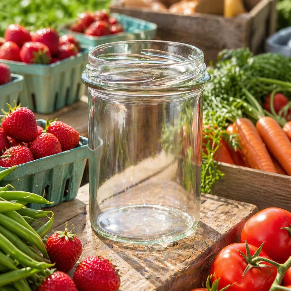 Tumbler 230ml bez víčka (TO66) UNiTWIST UNiTWIST Sturz230 Sturzglas 230ml TO66 leeres Einmachglas auf Holzbrett umgeben von frischen Erdbeeren Tomaten Karotten