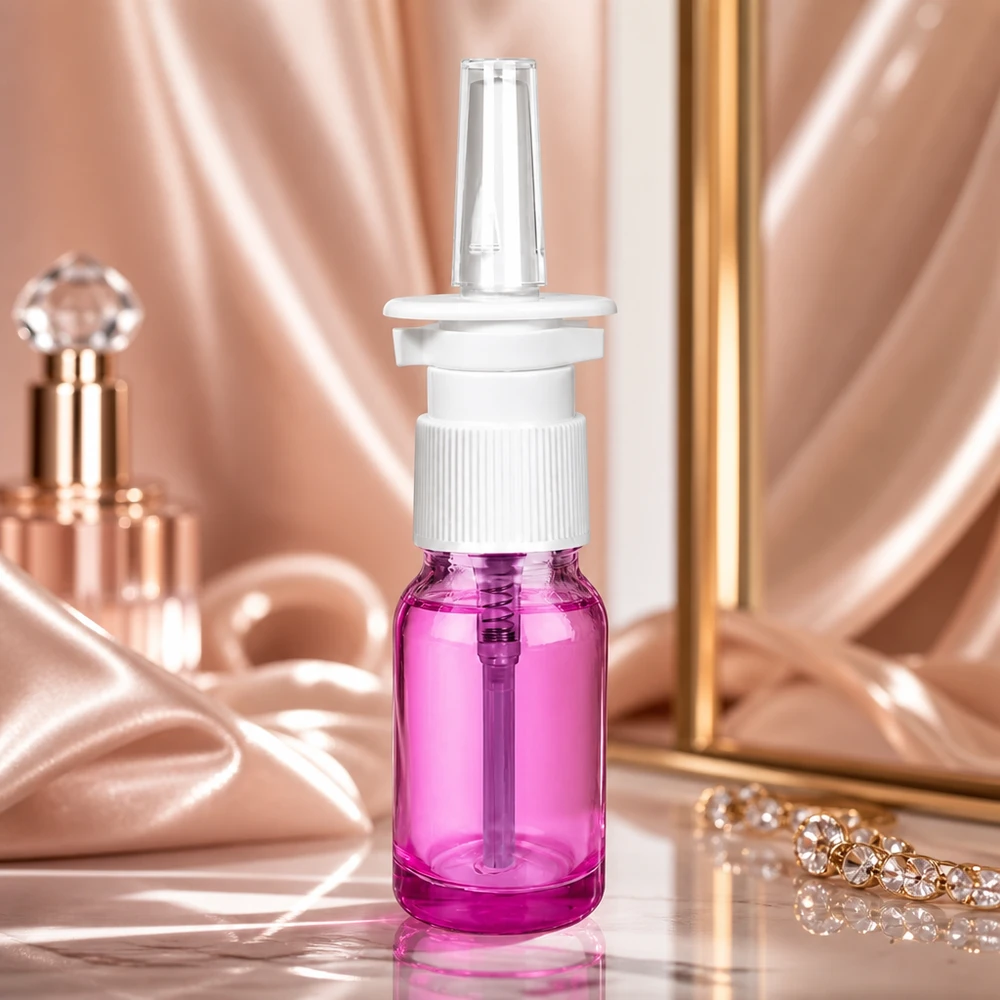 10ml lahvička s nosním rozprašovačem PurpleLine bílá/transparentní standard. UT18/10 Medizinische 10ml Nasensprayflasche lila transparent mit hygienischem weißen Sprühventil