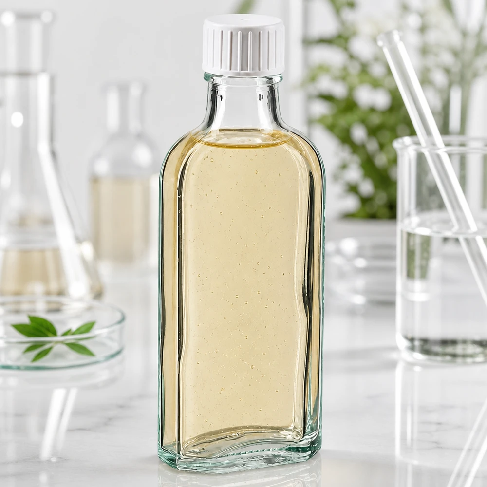 Pharmaglasflasche 100ml Meplat klar mit Schraubverschluss und Gießring in Laborumgebung