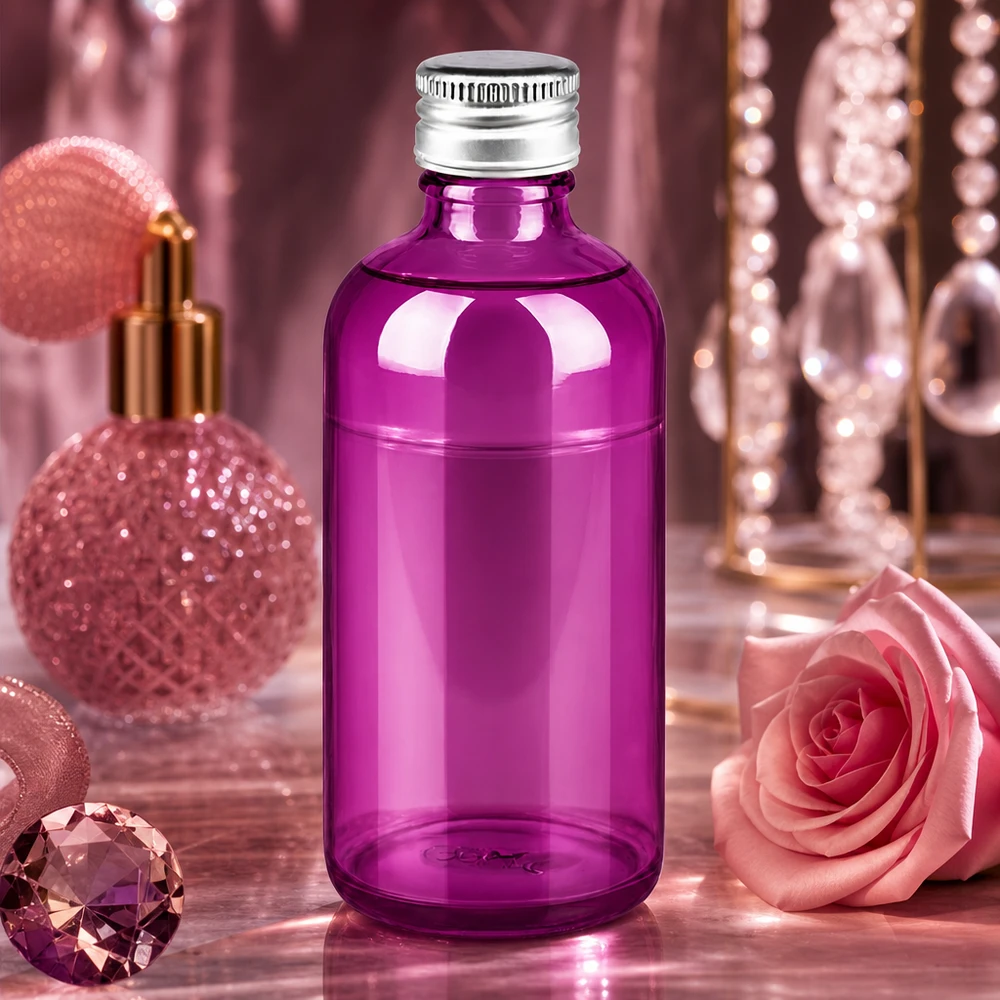 Lahvička o objemu 100 ml. Hliníkovo-stříbrný šroubovací uzávěr o průměru 11 mm standardní PurpleLine. UT18/100 Designerflasche 100ml aus violettem Glas mit elegantem Aluminiumverschluss für Beauty-Produkte