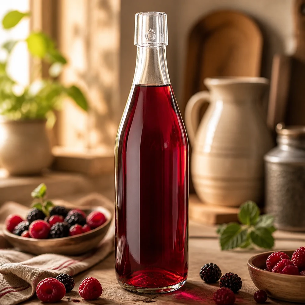 Skleněná láhev o objemu 500 ml bez otočného víčka UNiTWIST 500ml UNiTWIST Glasflasche mit rotem Beerensaft befüllt als Lifestyle-Anwendung in rustikaler Küche