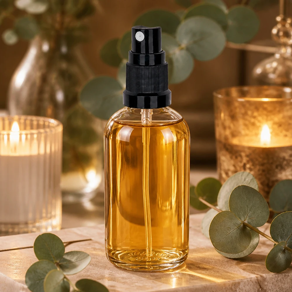 100ml láhev na sprej černá standardní uzávěr ClearLine UT18/100 100ml ClearLine Flasche UT18/100 mit Sprühkopf auf Marmor mit Eukalyptus und Golddeko