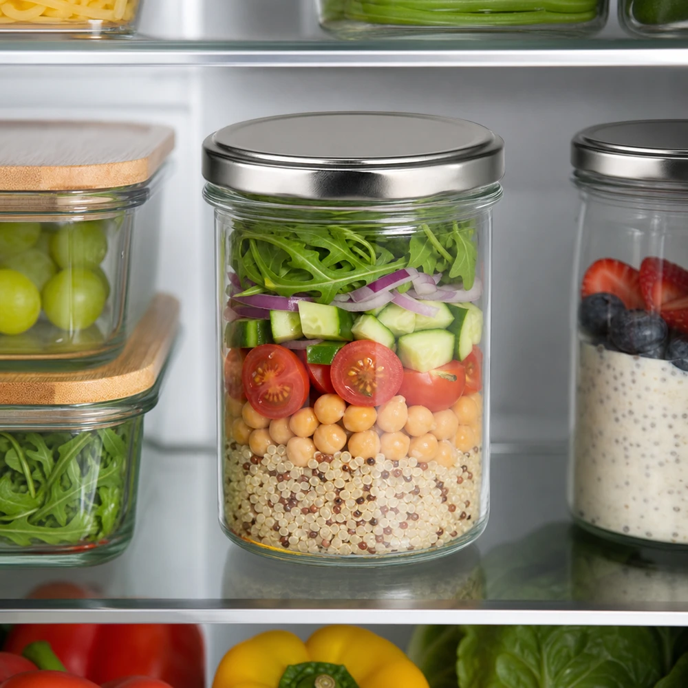 350ml kelímky s víčkem BasicSeal stříbrné UNiTWIST 350ml Sturzglas mit silbernem Deckel im Kühlschrank gefüllt mit Salat Quinoa Kichererbsen Meal Prep Vorratsglas