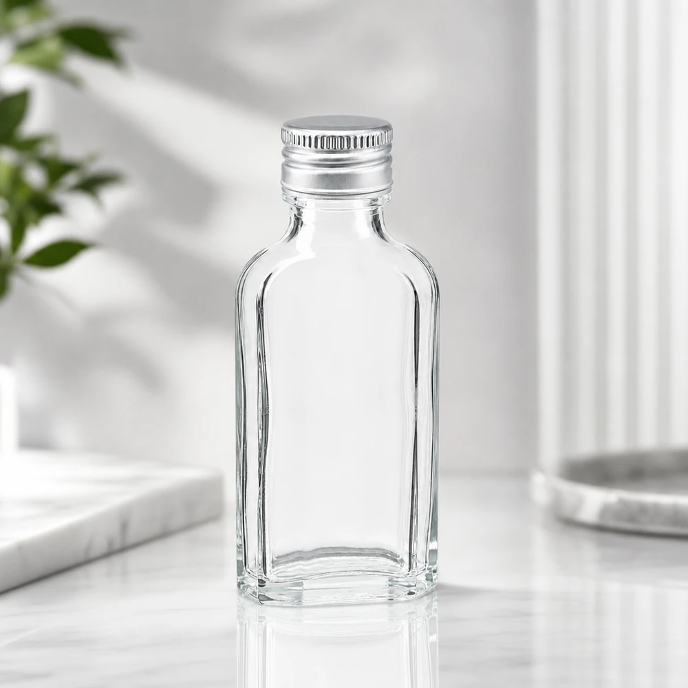 Hochwertige 50ml Glasflasche Meplat mit flacher Rechteckform und silbernem PP22 Alu Schraubdeckel