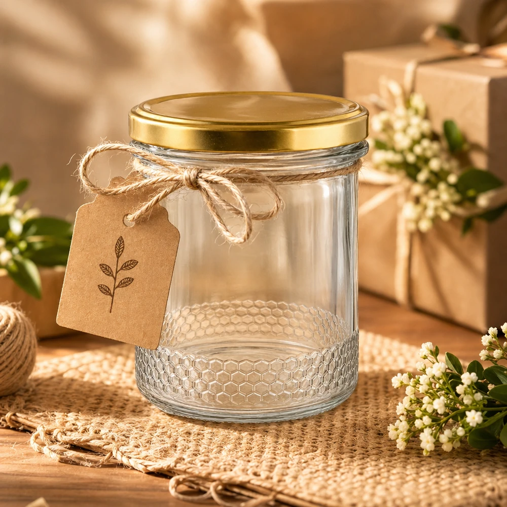 560g Honigglas + BasicSeal Deckel gold UNiTWIST 400ml Honigglas mit BasicSeal Deckel gold UNiTWIST und Geschenkanhänger auf rustikalem Holztisch mit Jute-Deko
