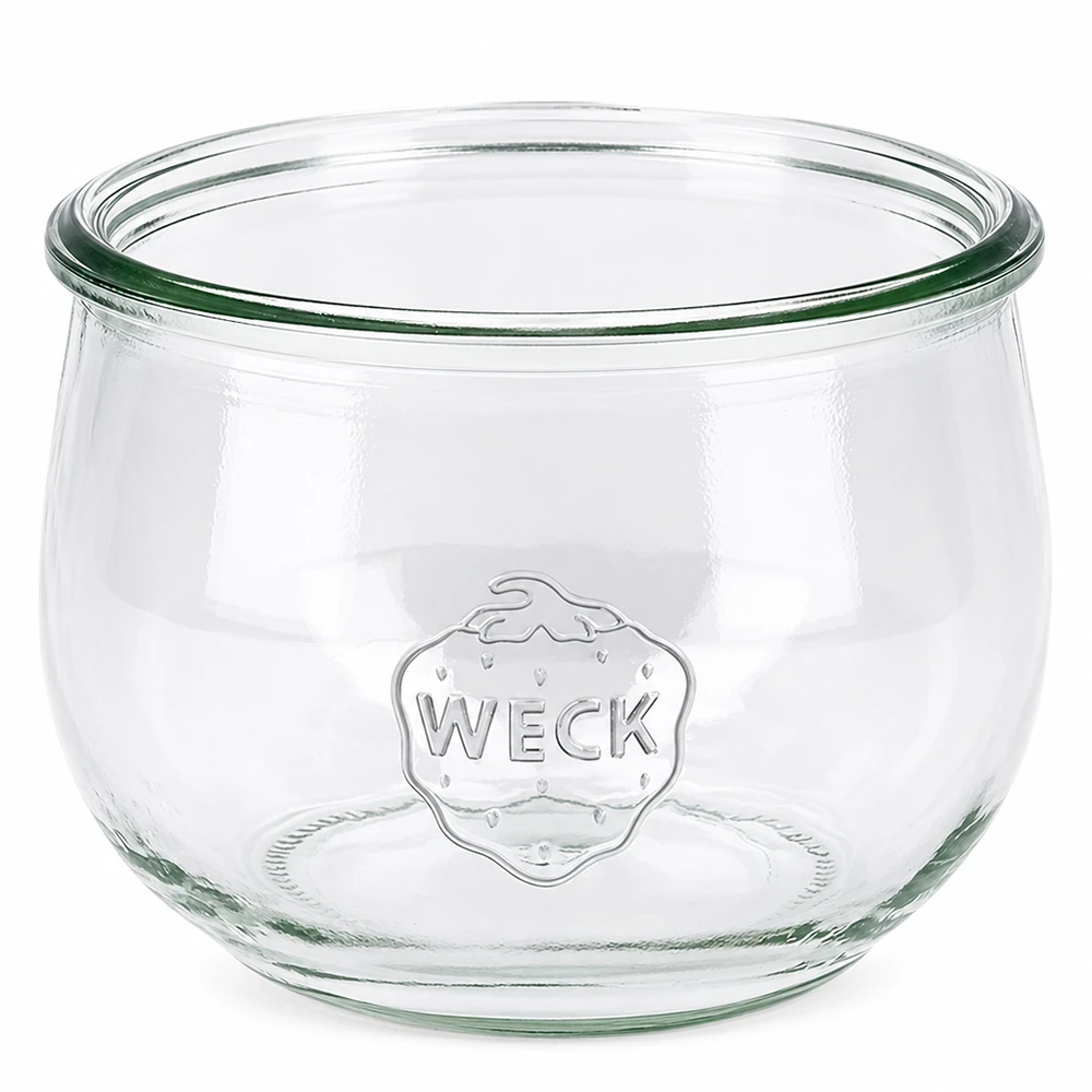 580ml tulipánová sklenice WECK RR100 s dřevěným dřevem - tulipánová sklenice s dřevem. 580ml WECK Tulpenglas RR100 Einmachglas aus klarem Glas mit WECK Logo und tulpenförmiger Rundung