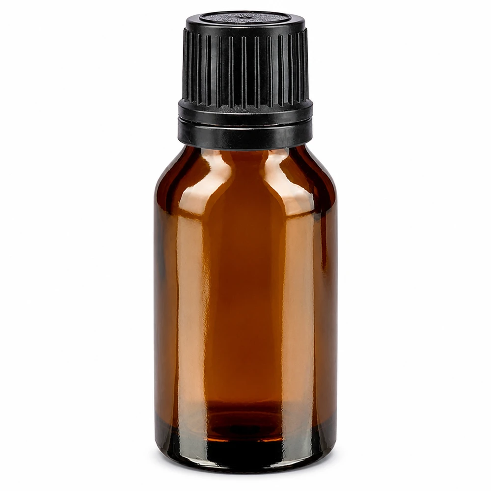 Lékárenská lahvička hnědá 15ml šroubovací uzávěr černý nalévací kroužek tamper evident uzávěr. Hochwertige Braunglas Flasche 15ml mit schwarzem Schraubverschluss UV-Schutz Apotheke