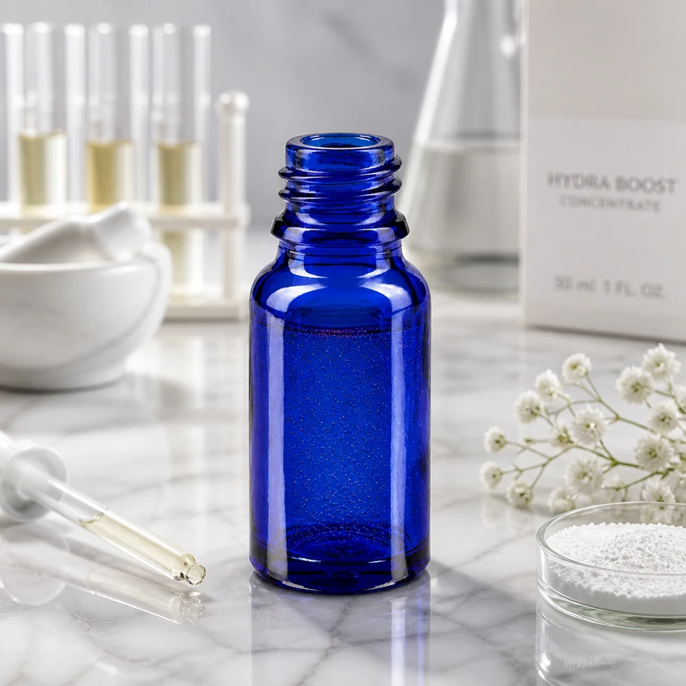 Handliche 10ml Apothekenflasche blau aus Spezialglas für mobile Anwendung und Reisen