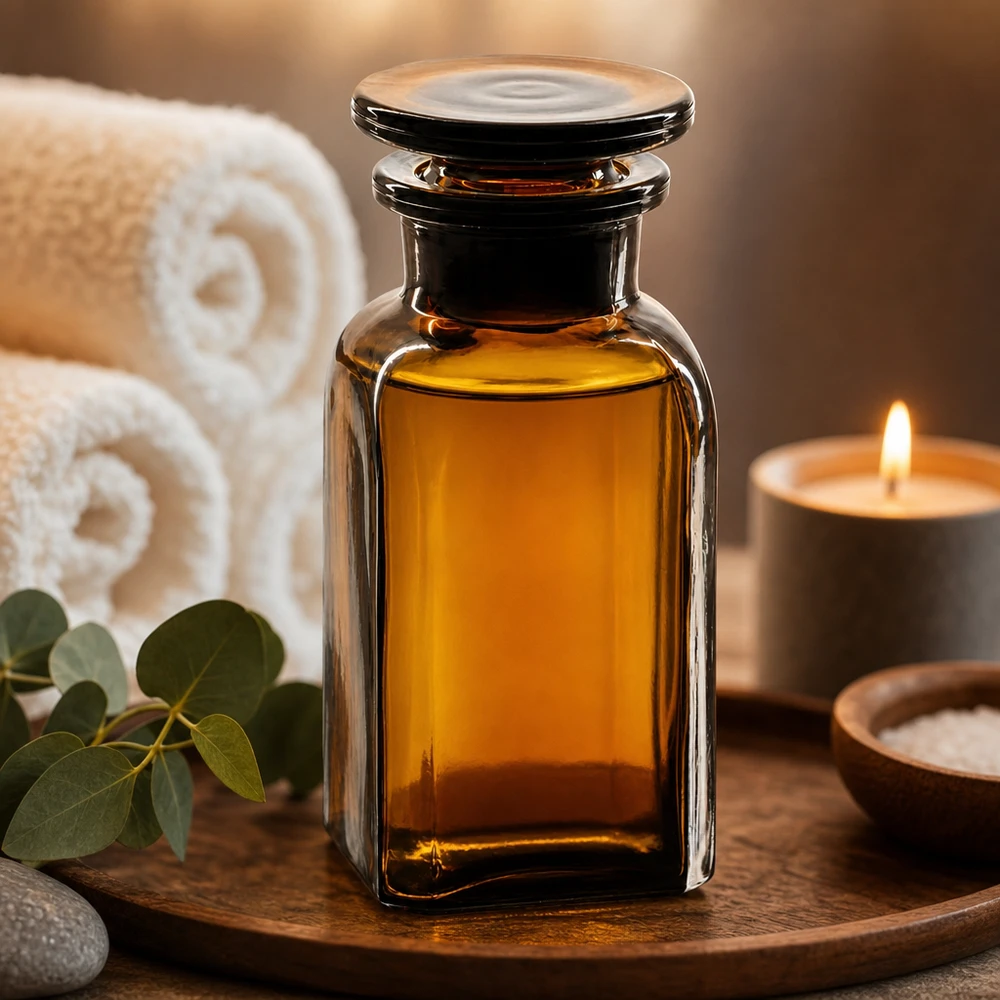 Hranatá láhev 100ml hnědá skleněná zátka se širokým hrdlem Lichtschutzflasche 100ml Braunglas viereckig Weithalsöffnung runder Glasstopfen Spa