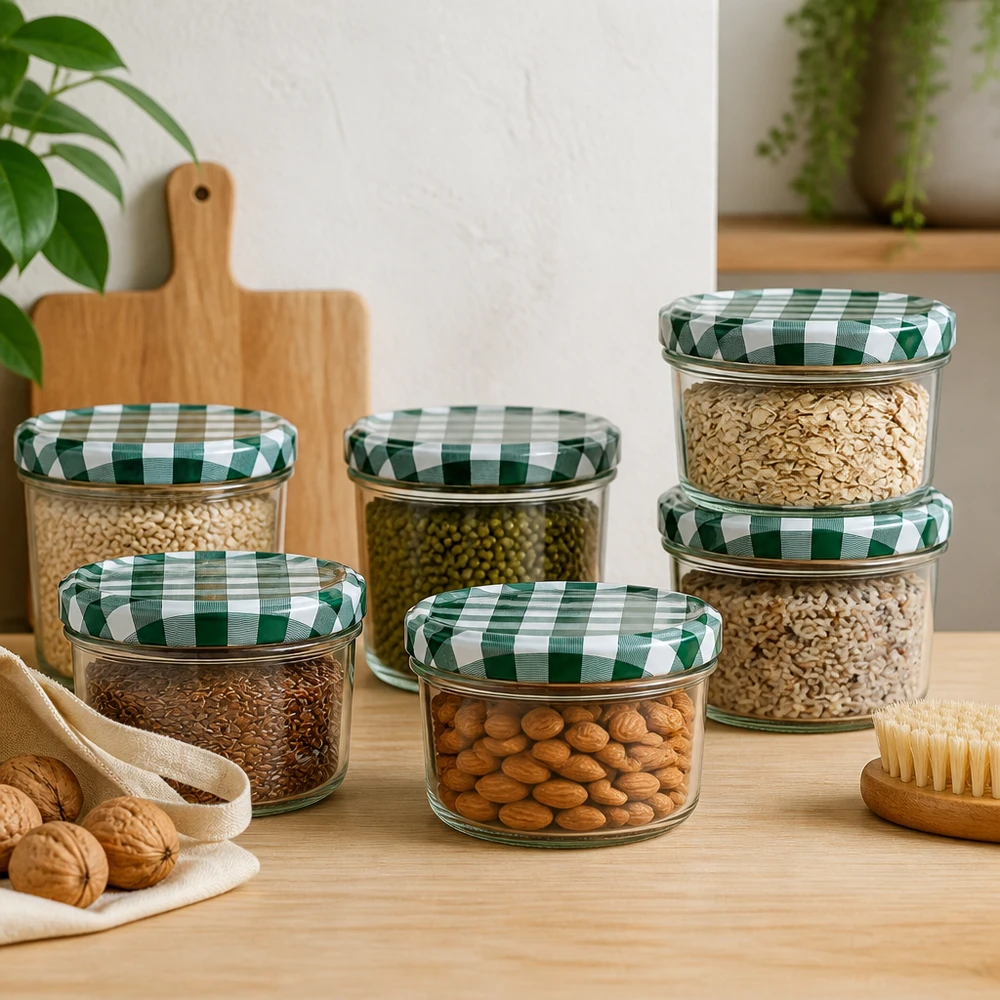 230ml kelímky + víčko BasicSeal zelené/bílé UNiTWIST Sturzglas Set 230ml verschiedene Größen mit Nüssen Getreide gefüllt grün-weiß karierter Deckel Vorratsaufbewahrung