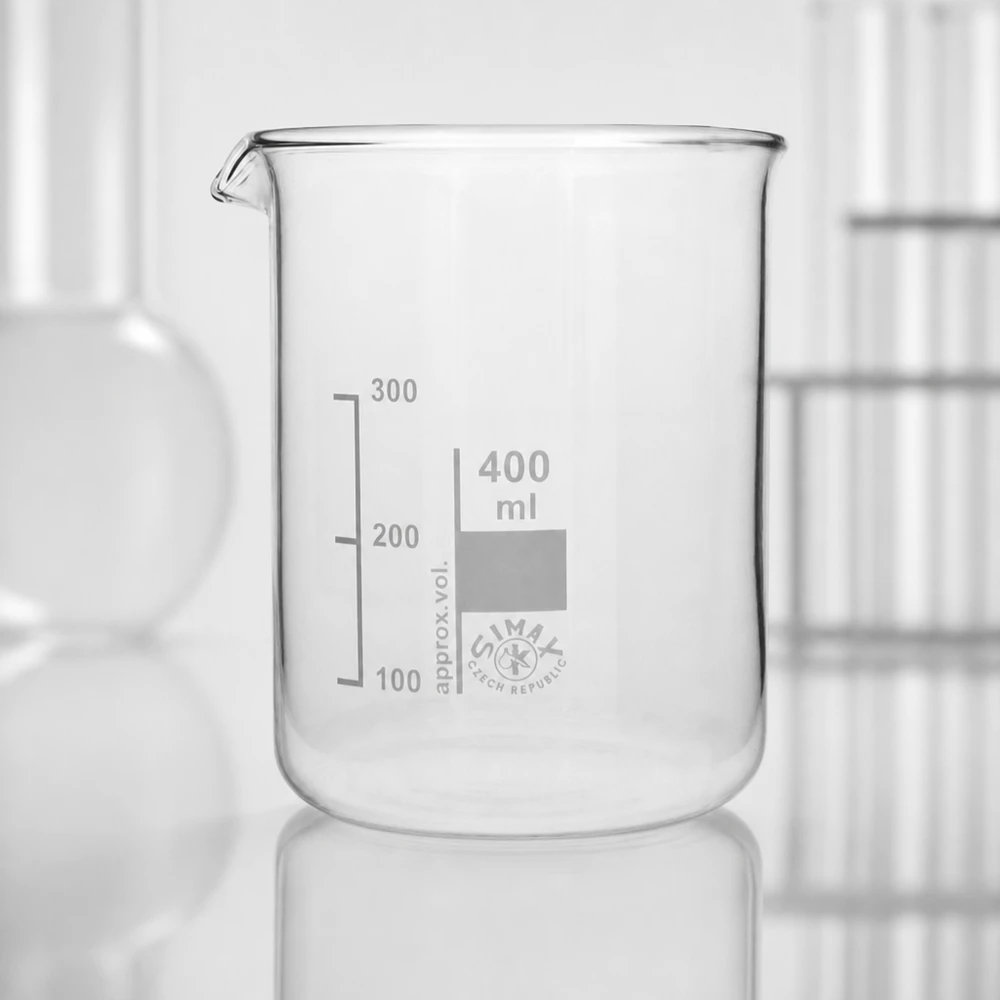 Kádinka 400ml z borosilikátového skla, nízký tvar Professionelles 400ml Laborbecherglas mit ergonomischem Design und stabiler Standfestigkeit