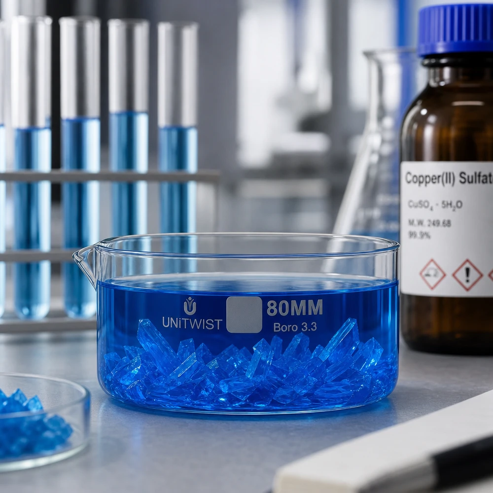 Krystalizační miska ø80 mm z borosilikátového skla UNiTWIST Laborschale 80mm mit wachsenden blauen Kristallen aus gesättigter Kupfersulfat-Lösung