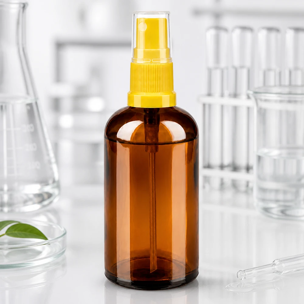 100ml lahvička s rozprašovačem žlutá/transparentní standardní uzávěr BrownLine UT18/100 Handliche 100ml Glasflasche mit Sprühaufsatz für Raumsprays und Wellness-Anwendungen