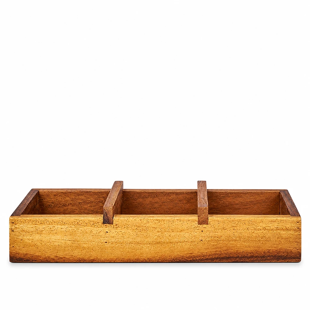 Servírovací prkénko Box3 z akáciového dřeva pro 3 tumblery WECK. Servierbrett Box3 aus Akazienholz mit drei Fächern für WECK Sturzgläser braun natur Holz rechteckig mit Griffen