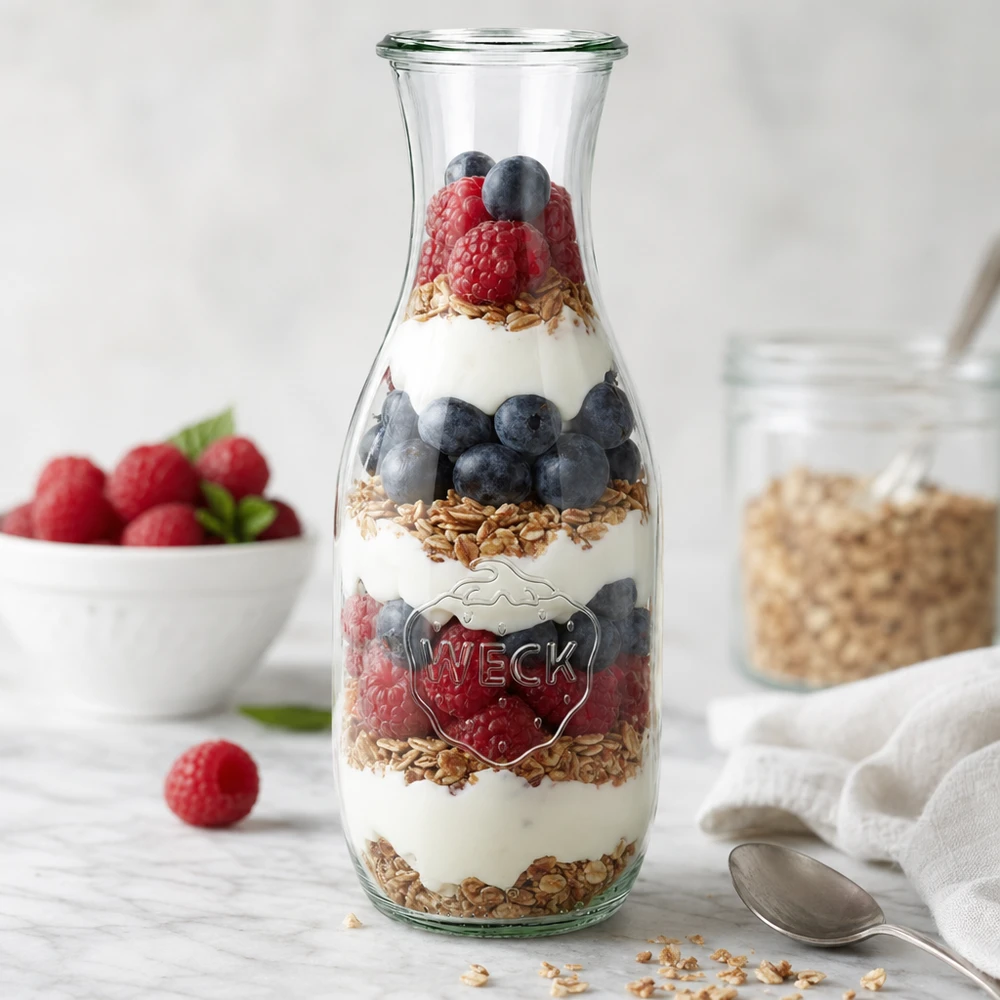 WECK Saftflasche 1062ml RR60 als Parfaitglas mit Joghurt Beeren Granola geschichtet neben Löffel und Früchten