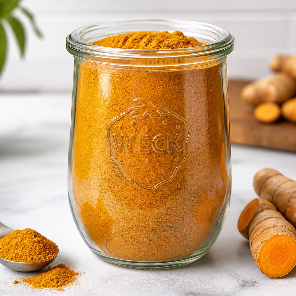 1062ml sklenice na tulipány se skleněným víčkem WECK RR100 WECK Tulpenglas 1062ml RR100 mit Kurkumapulver gefüllt neben frischen Kurkumawurzeln Gewürzaufbewahrung Küche