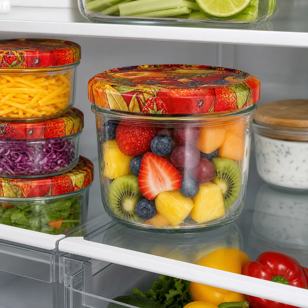 230ml kelímky + víčko BasicSeal s ovocným dekorem UNiTWIST. 230ml Sturzglas mit buntem BasicSeal Obstdekor-Deckel gefüllt mit frischem Obstsalat im Kühlschrank gelagert