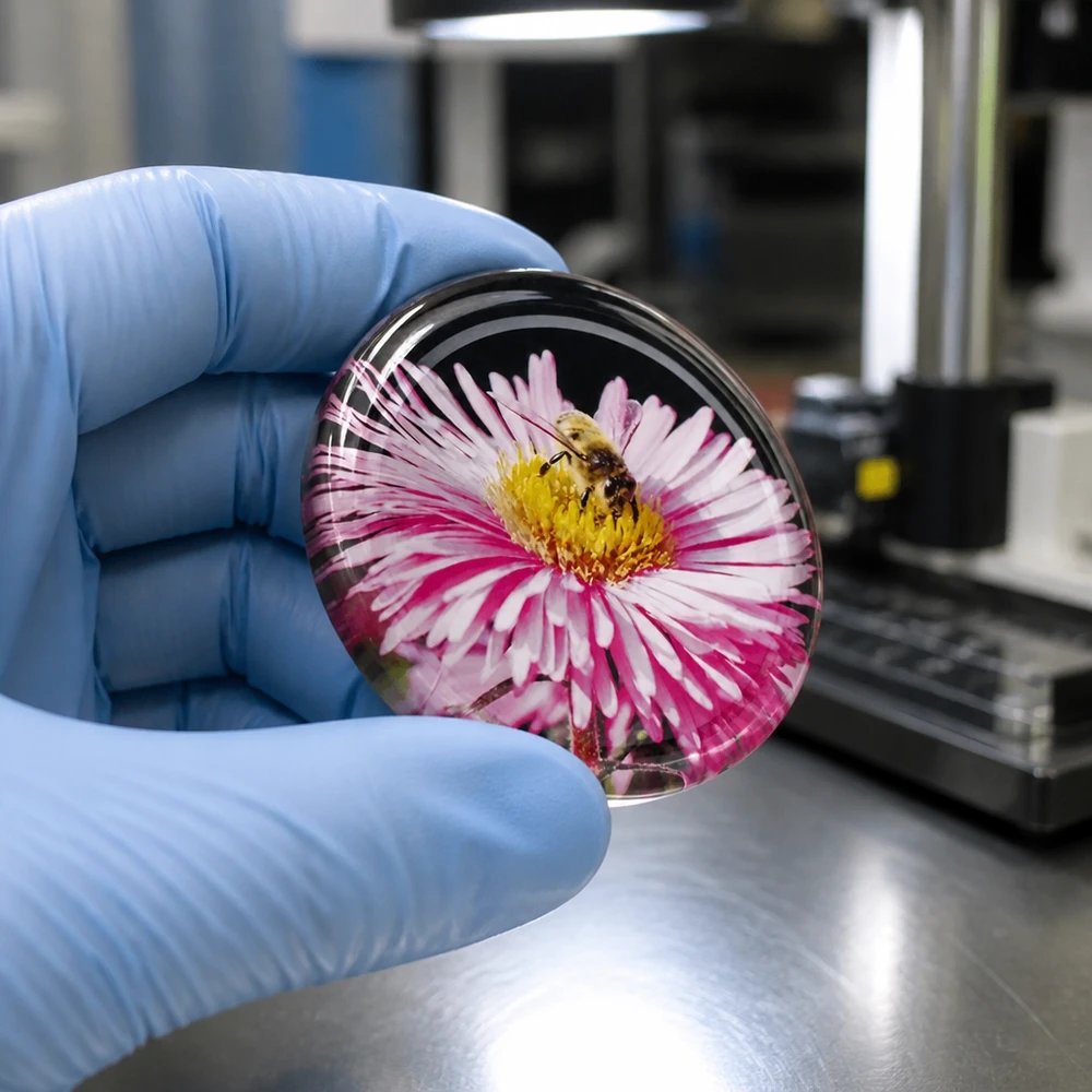 82mm víko BasicSeal blossom (TO82) UNiTWIST Laboratorní ruka drží víčko BasicSeal o průměru 82 mm, model Blüte TO82, s růžovou asterou a včelou ve skleněném provedení