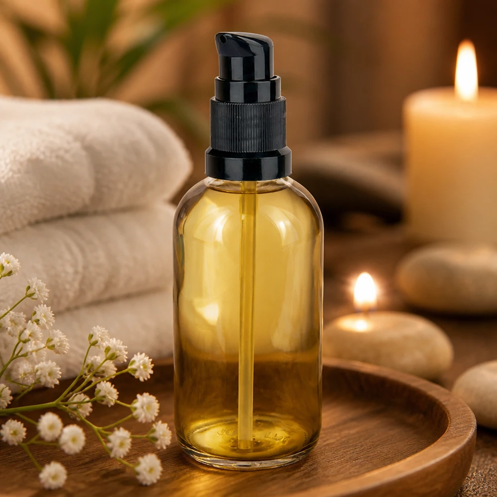 100ml láhev s pumpičkou černá standardní uzávěr ClearLine UT18/100 ClearLine Glasflasche 100ml schwarze STD Pumpe goldfarbener Inhalt Kosmetik Wellness