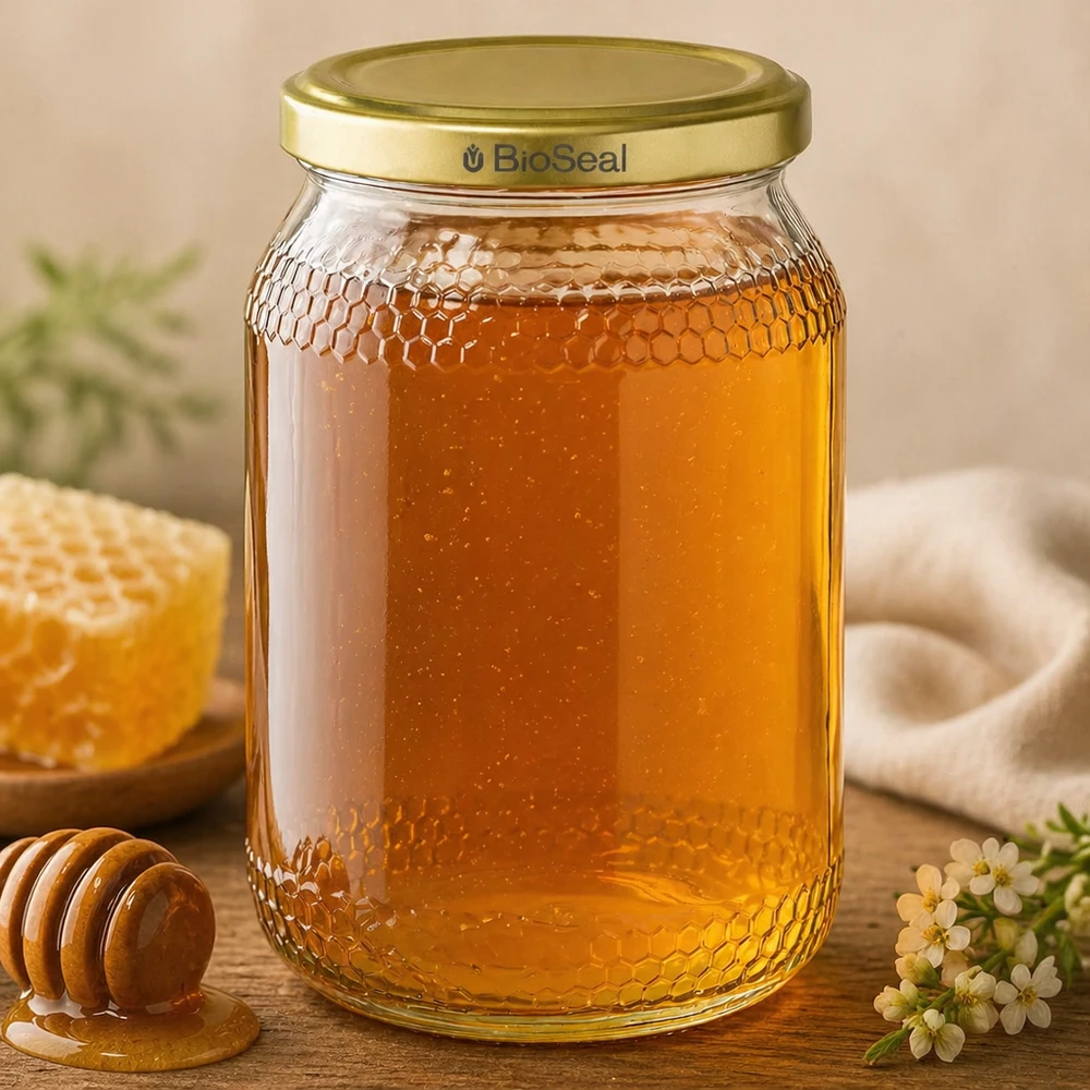 1260g Honigglas + BioSeal Deckel gold UNiTWIST 900ml Honigglas gefüllt mit goldenem Honig BioSeal Deckel Bienenwaben-Optik Honigdipper Blüten Holztisch Imkerbedarf