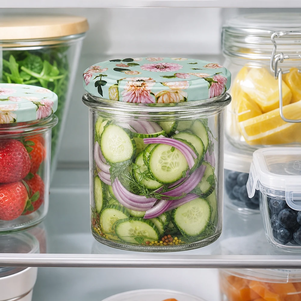 350ml kelímky + víčko BasicSeal flower mint UNiTWIST Sturzglas 350ml mit mint Blumendeckel BasicSeal im Kühlschrank, gefüllt mit eingelegten Gurken und roten Zwiebeln