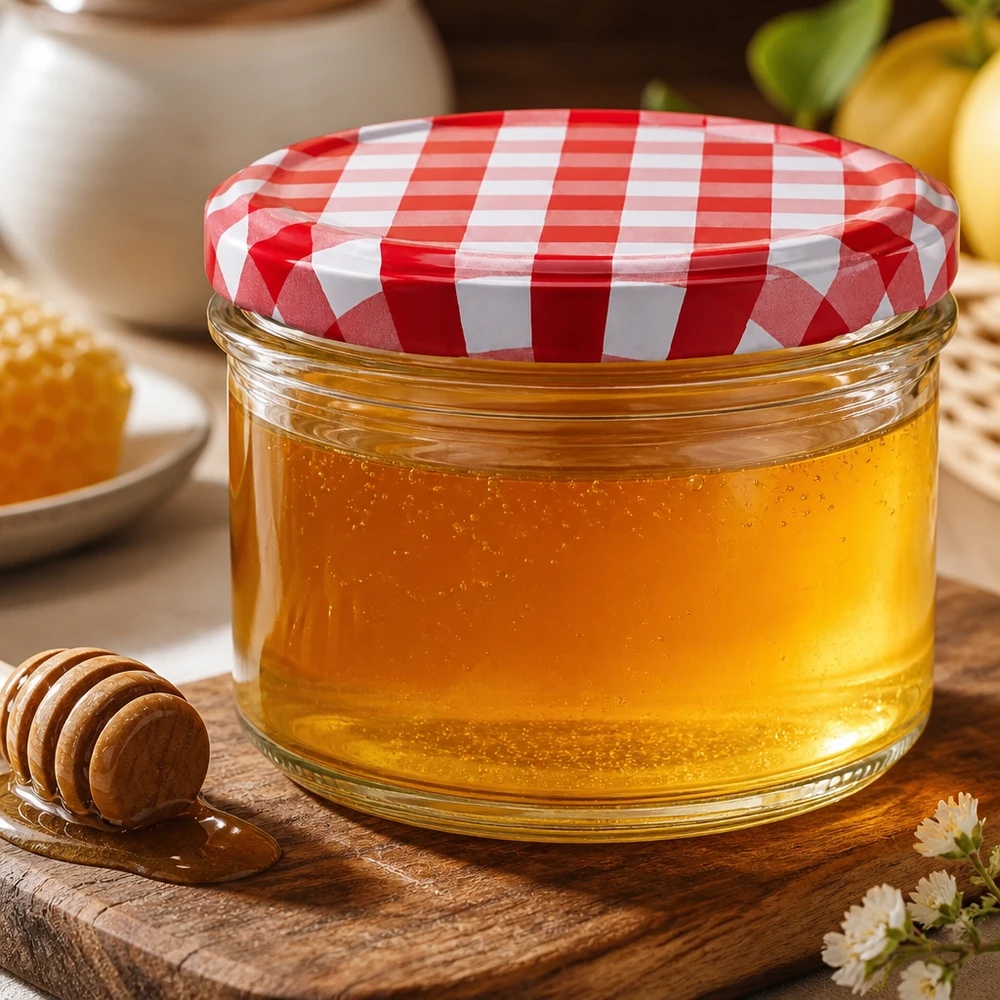 225ml kelímky + víčko BasicSeal červené/bílé UNiTWIST 225ml Sturzglas mit goldenem Honig befüllt auf rustikalem Holzbrett mit Honiglöffel zeigt BasicSeal Deckel Detail