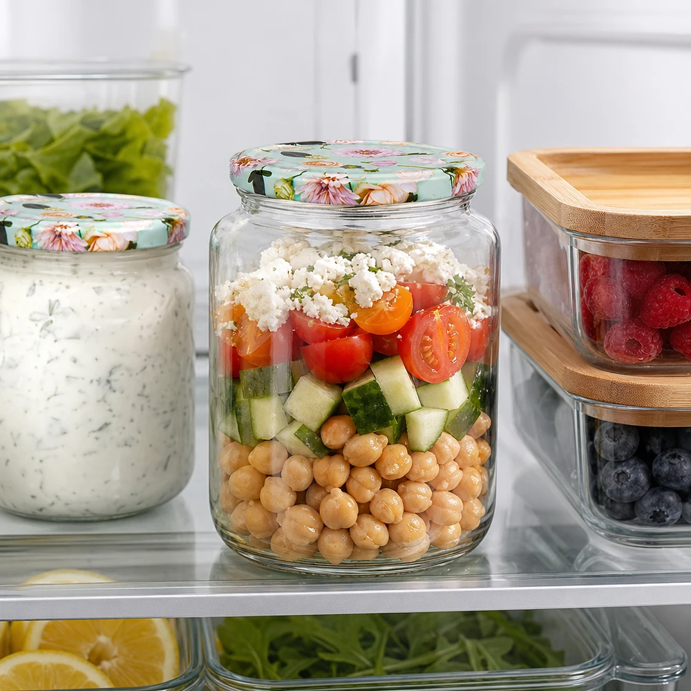 795ml kulatá sklenice + víčko BasicSeal flower mint UNiTWIST 795ml Rundglas mit mint Blumen-Deckel im Kühlschrank, gefüllt mit Kichererbsen-Salat zwischen Meal-Prep-Behältern