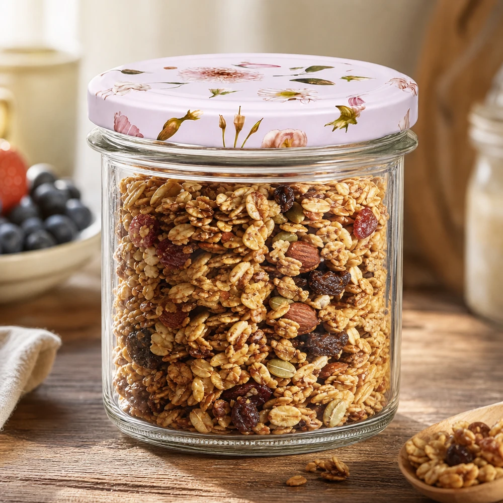 350ml sklenice + víčko BasicSeal flower pink UNiTWIST 350ml Sturzglas rosa Blumendekor gefüllt mit Müsli Nüssen als Vorratsbehälter auf Holztisch Küchenzubehör