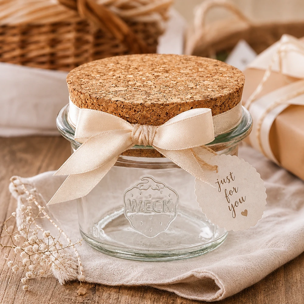 35ml zavařovací sklenice WECK RR40 s korkem přírodní WECK Sturzglas RR40 35ml mit Korken als Geschenkverpackung mit Schleife und Anhänger dekorativ arrangiert