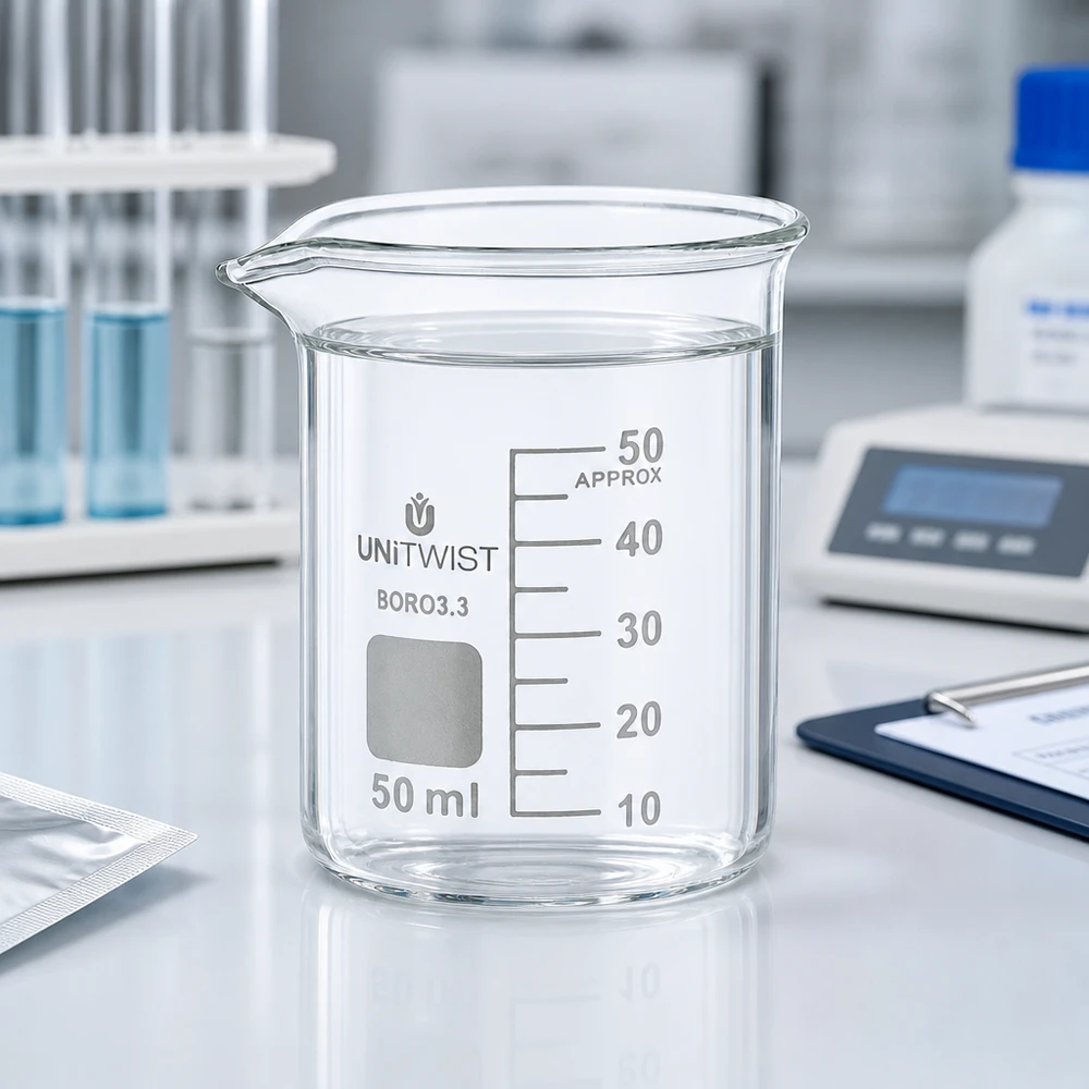 Kádinka 50ml borosilikátová, nízká forma UNiTWIST Transparentes Borosilikat Becherglas 50ml niedrige Form UNiTWIST mit weißem Beschriftungsfeld